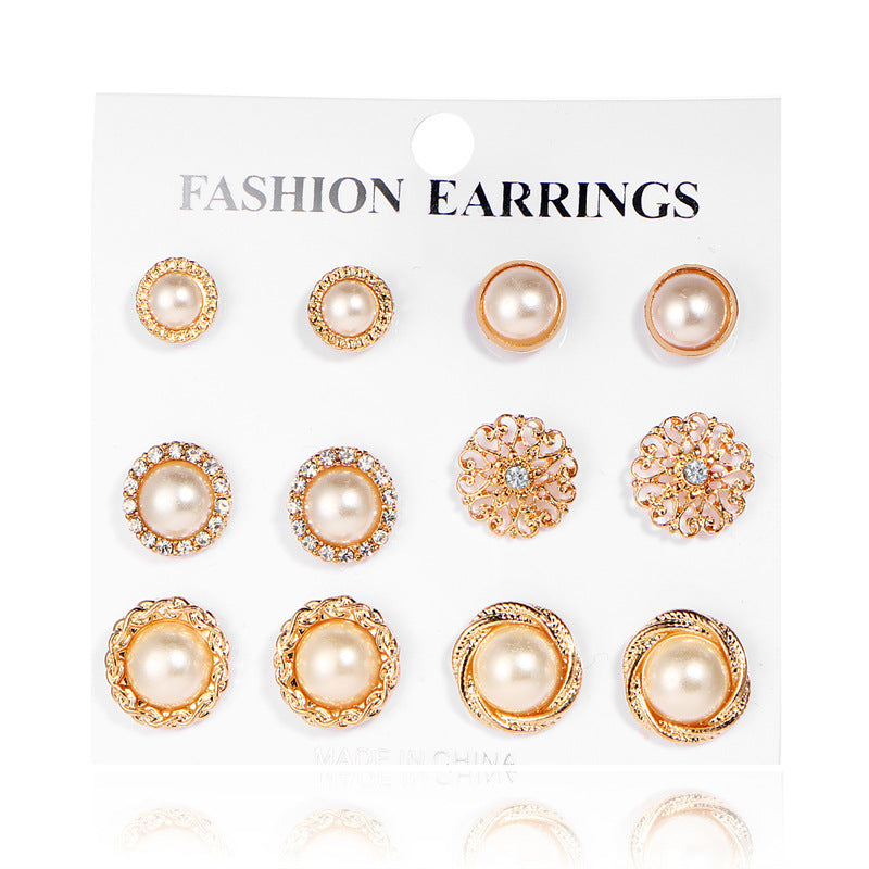 Set Pearl Crystal Stud Earrings