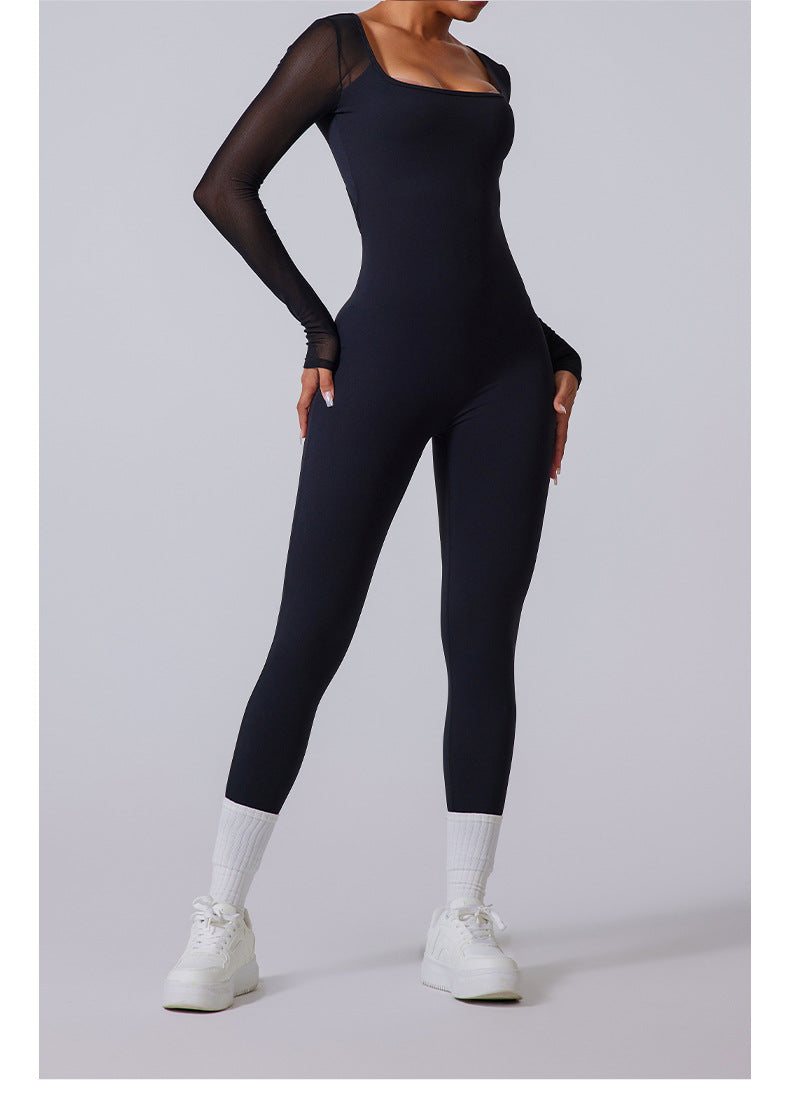 Mesh-Back Long-Sleeve Jumpsuit