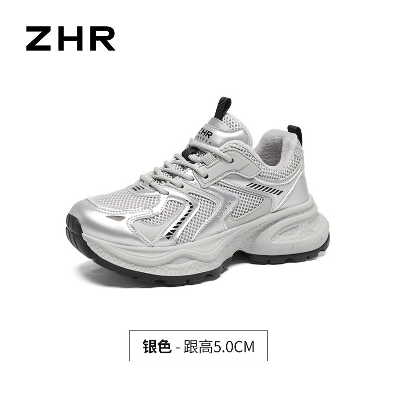 ZHR Women's Thick Sole Fleece Sneakers  Warm Height-Increasing Casual Shoes