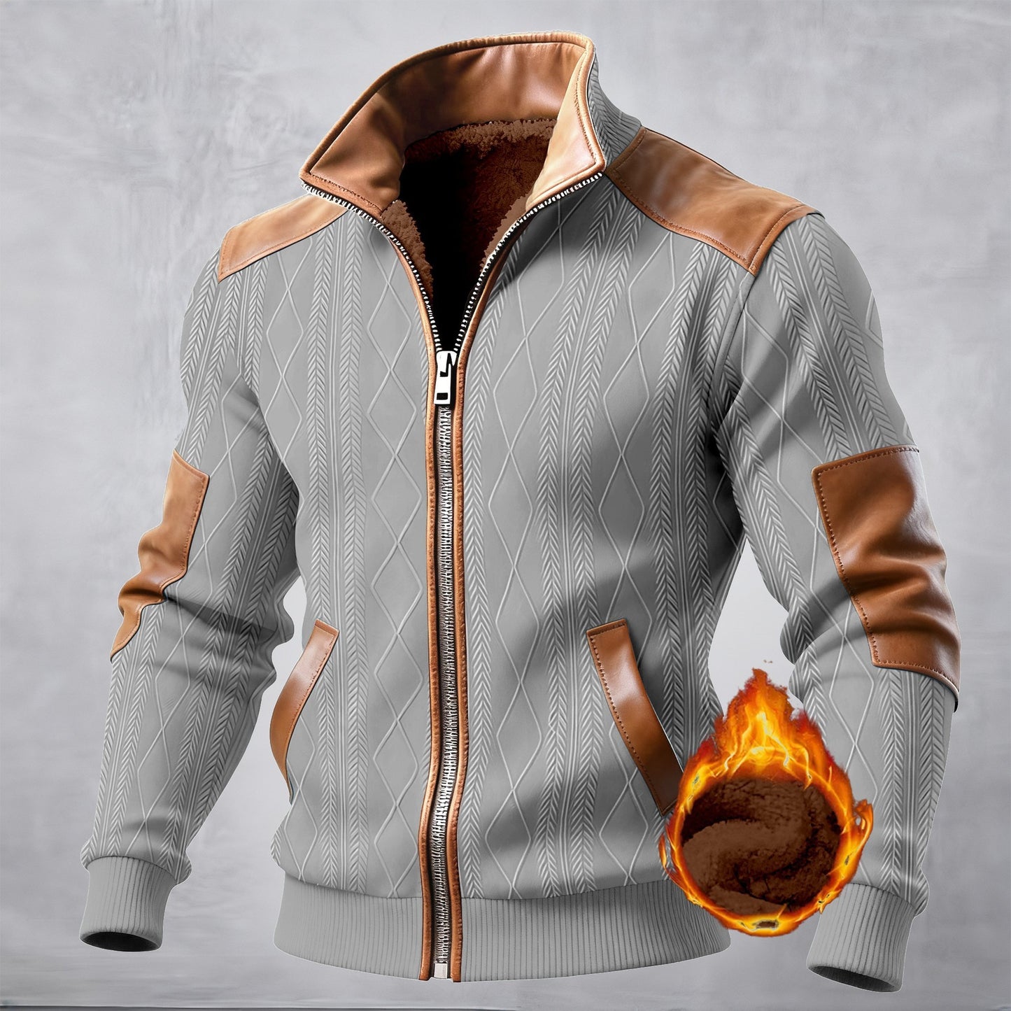 Mens Winter Jacquard Fleece Zip-Up Jacket  Casual Color Block Cardigan Coat