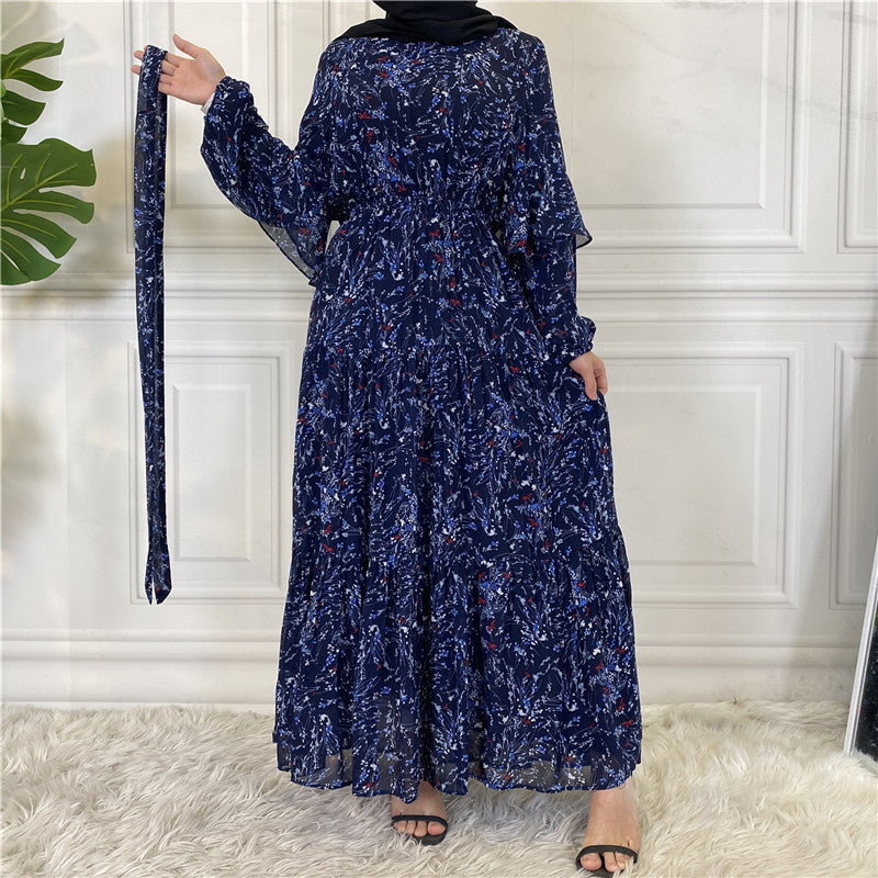 Women's Floral Chiffon Maxi Dress  Long Sleeve Elegant Swing Dress