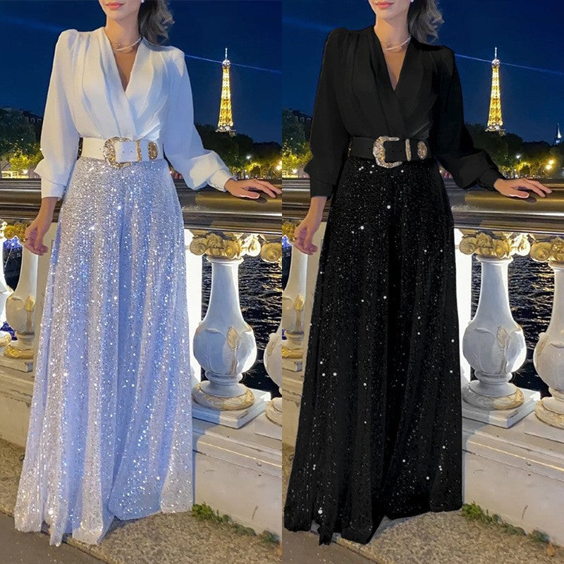 V-neck long-sleeved shirts, waist thin, sequined wide-leg pants