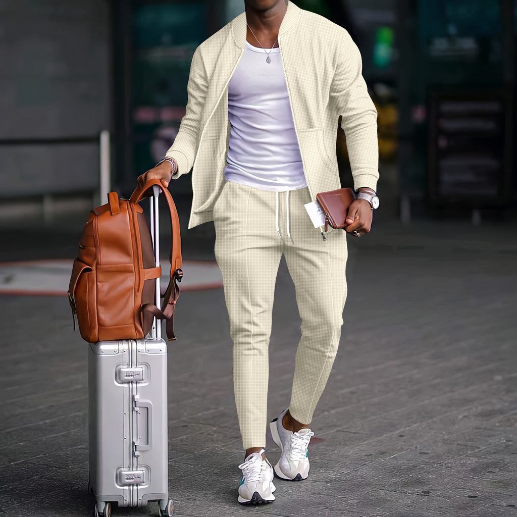 Men's Waffle Knit Baseball Jacket Set (On Hand)