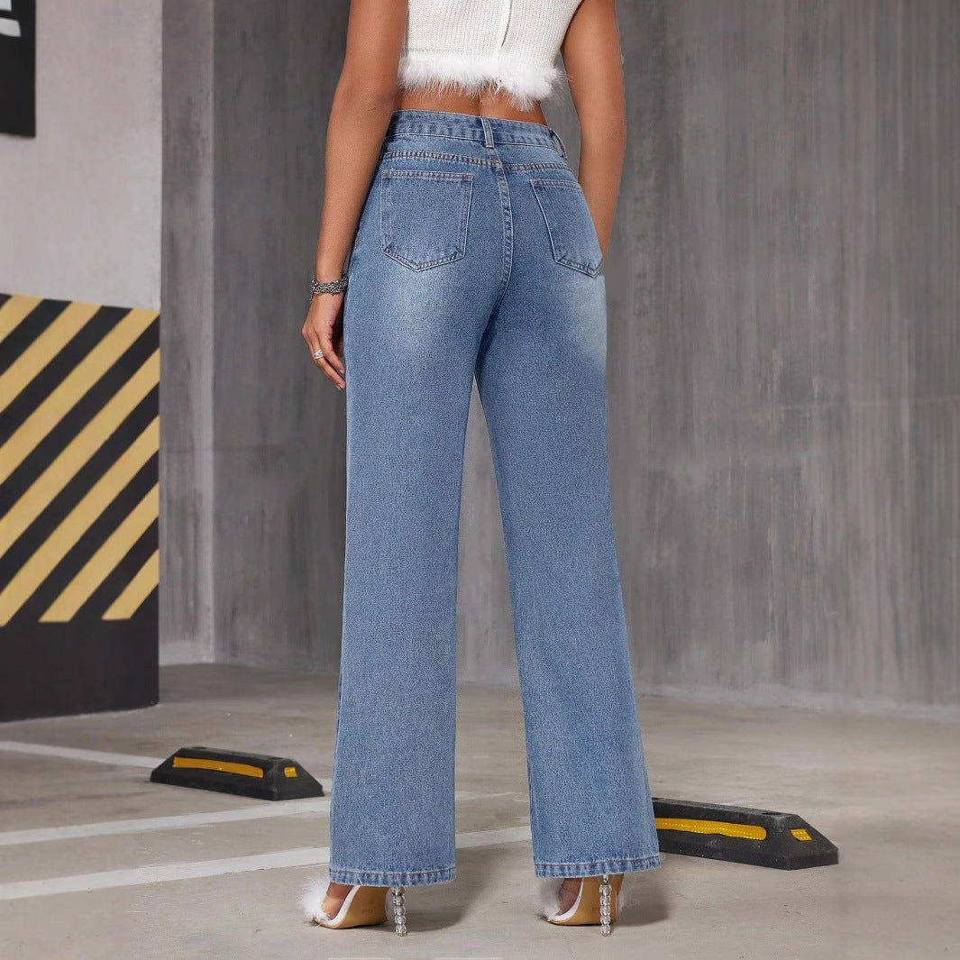 Women's straight wide-leg pants and high-waisted denim pants