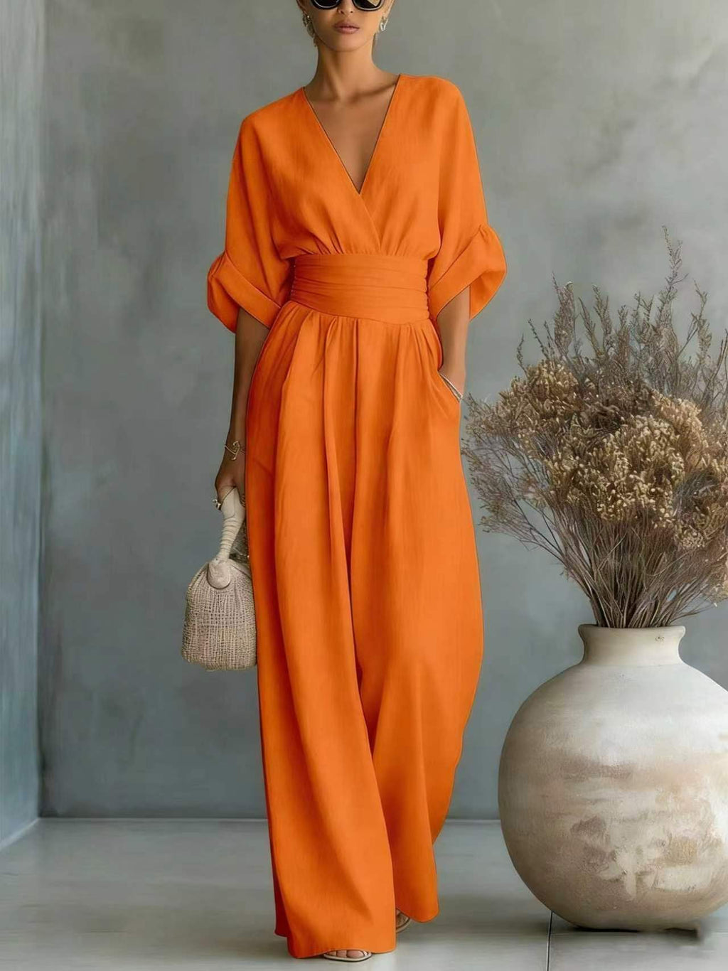Womens Elegant V-Neck Waist-Slimming Jumpsuit
