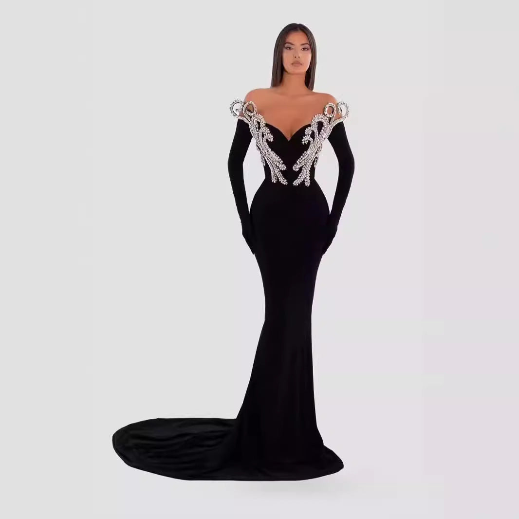 Retro black nail diamond long skirt sleeveless V-neck bandeau dress wi