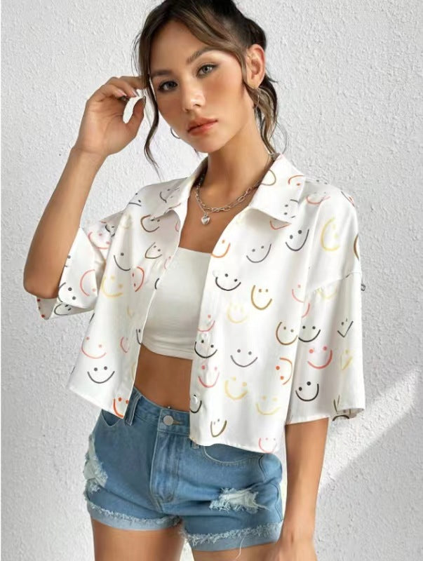 Summer lapel print shirt women's short dropped shoulders short sleeve loose casual top