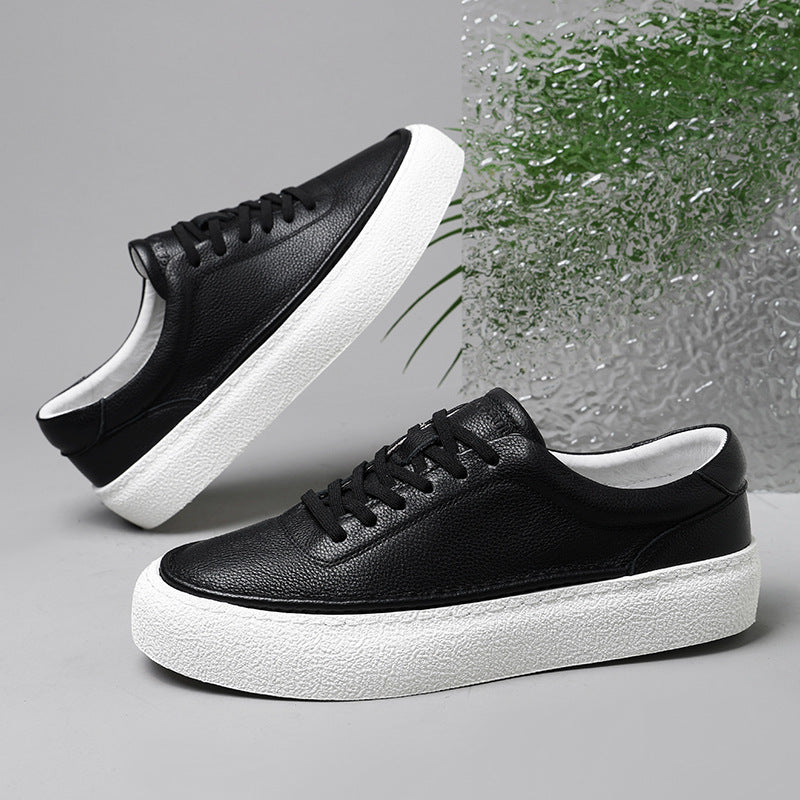 Mens White Leather Sneakers  Breathable Korean Style Casual Shoes