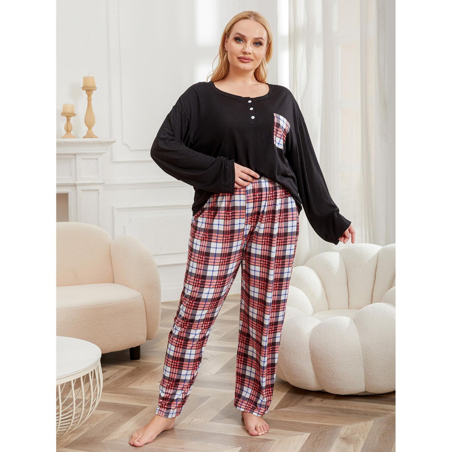 Plus size pajamas women's long sleeve plaid