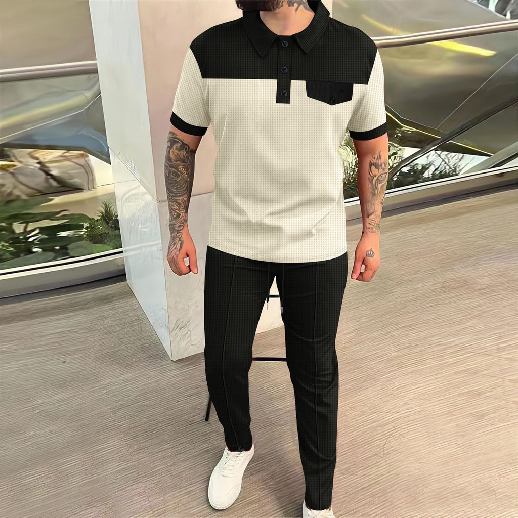 Men's Waffle Color-Block Short Sleeve Set (On Hand)