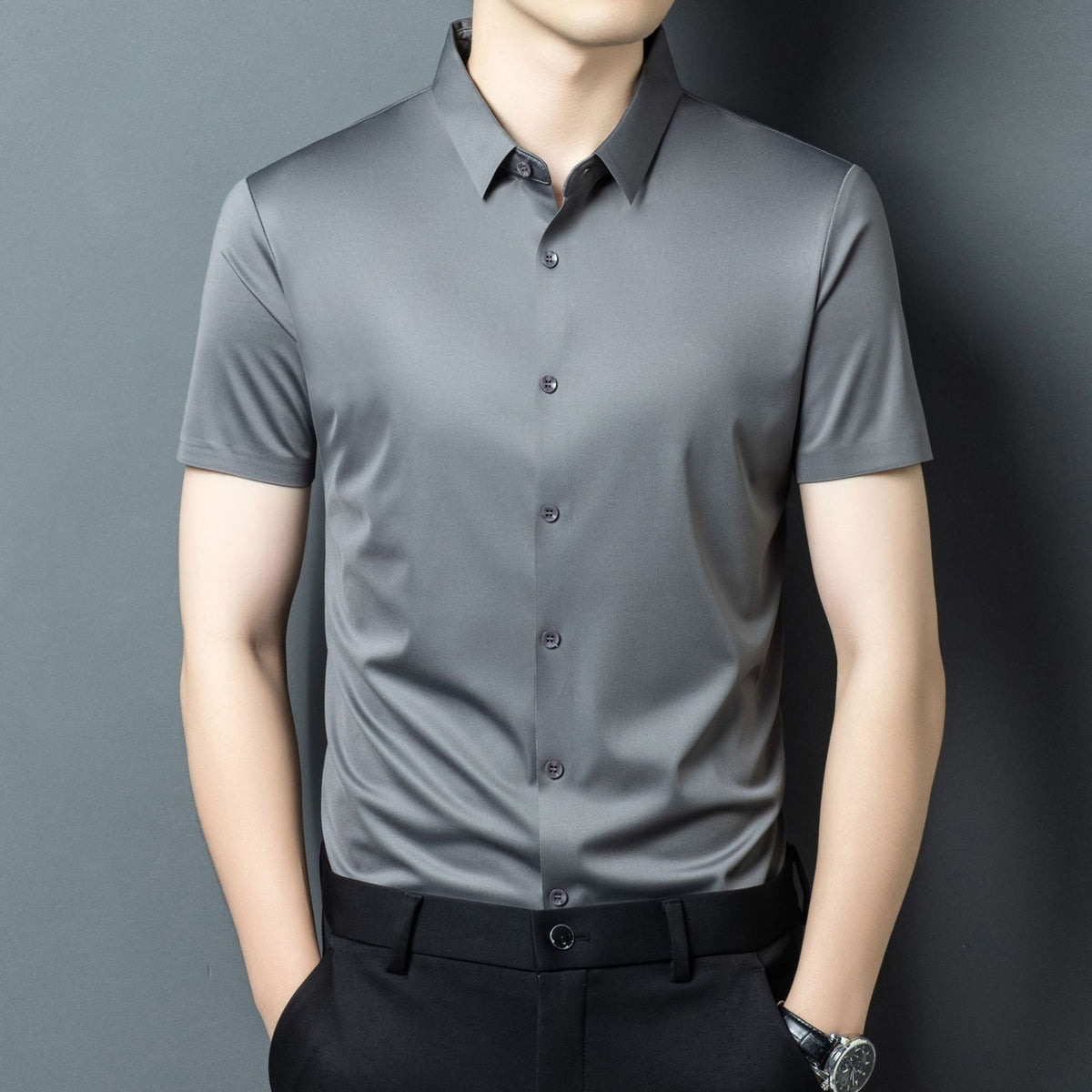 Mens Stretch Ice Silk Long-Sleeve Shirt