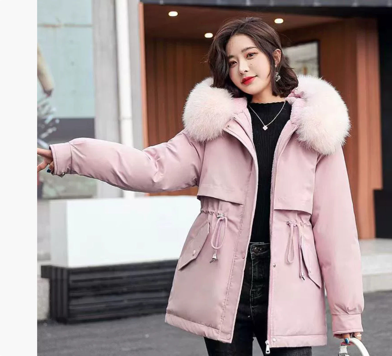 Korean Slim Fit Faux Fur Hooded Winter Jacket