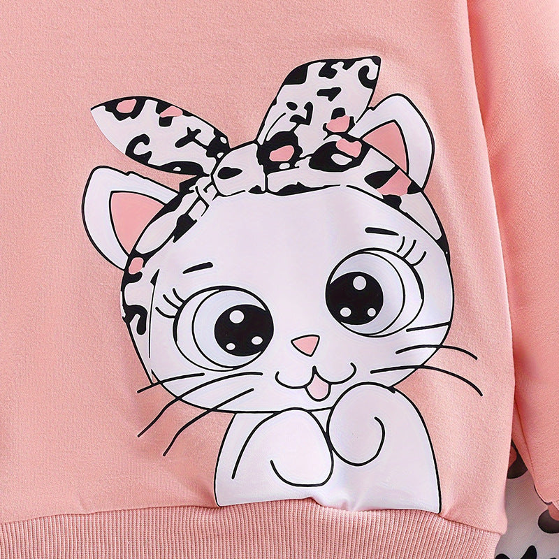 Pink Cat-Print Hoodie Set