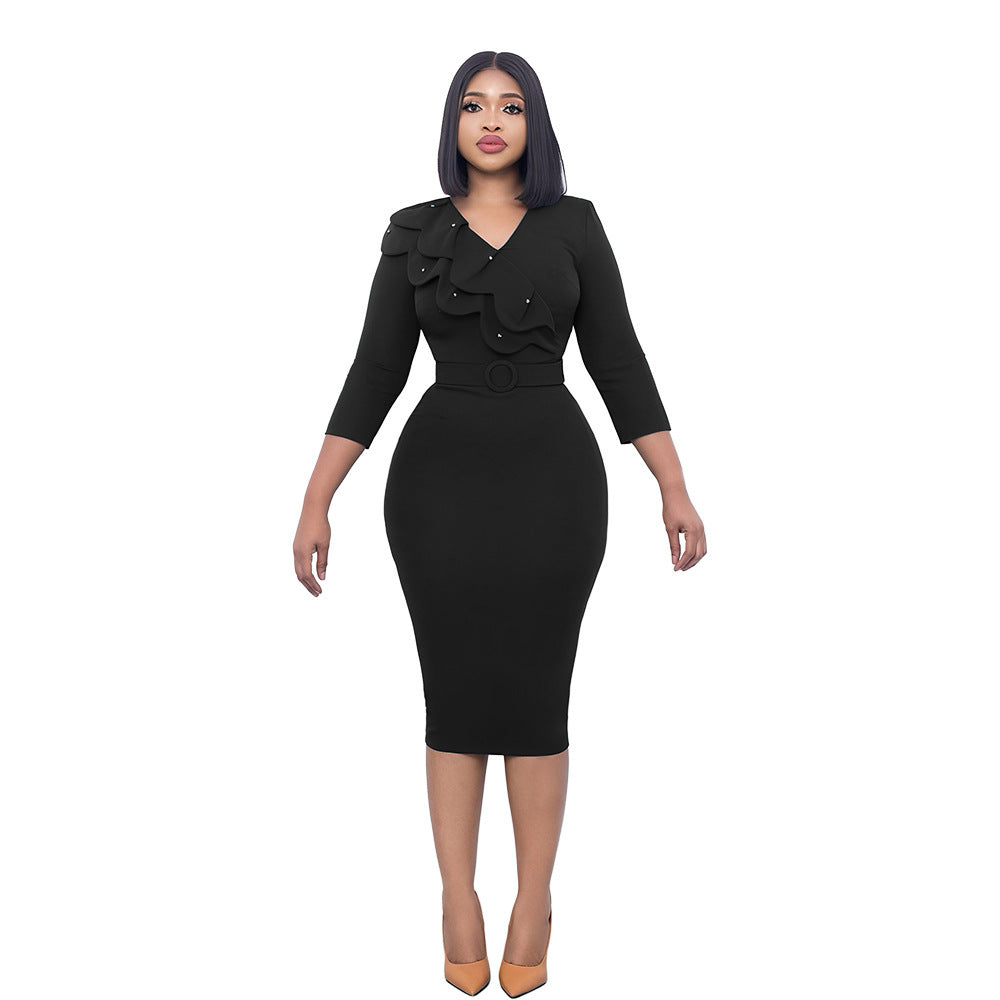 Elegant Beaded Ruffle V-Neck Hip Skirt