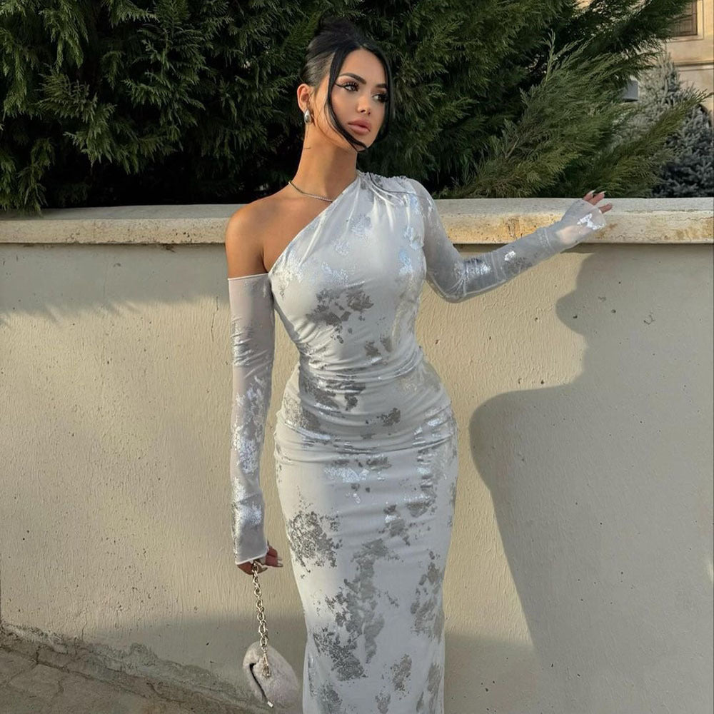 One-Sleeve Cut-Out Mesh Dress