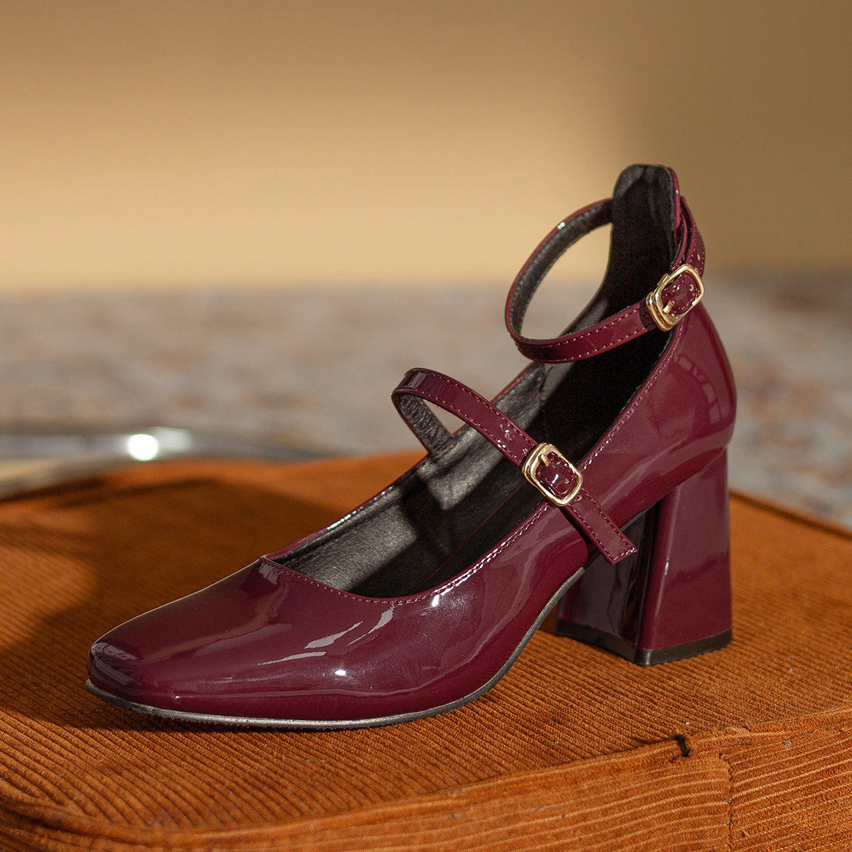 Mary Jane Leather Burgundy Heel Heel Temperament