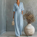 Womens Elegant V-Neck Waist-Slimming Jumpsuit