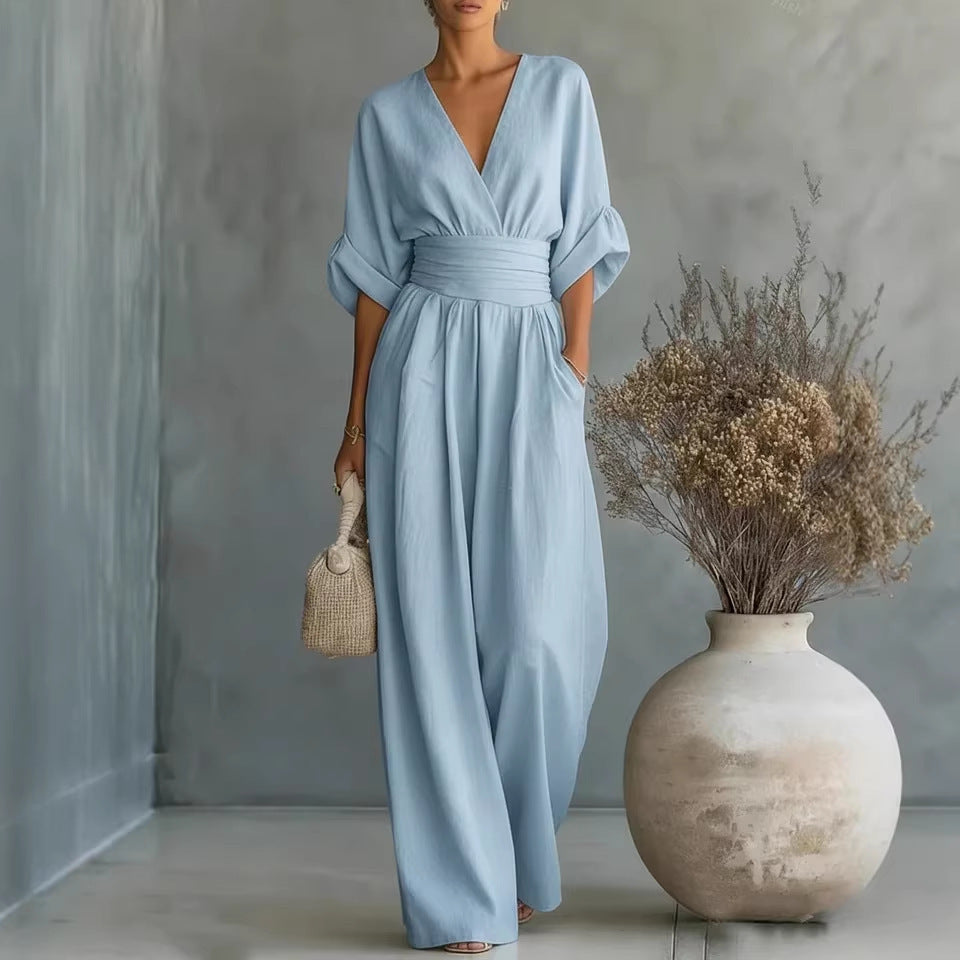 Womens Elegant V-Neck Waist-Slimming Jumpsuit