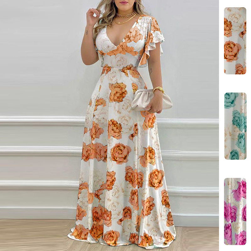 women's temperament sexy V-neck waist print big swing dress