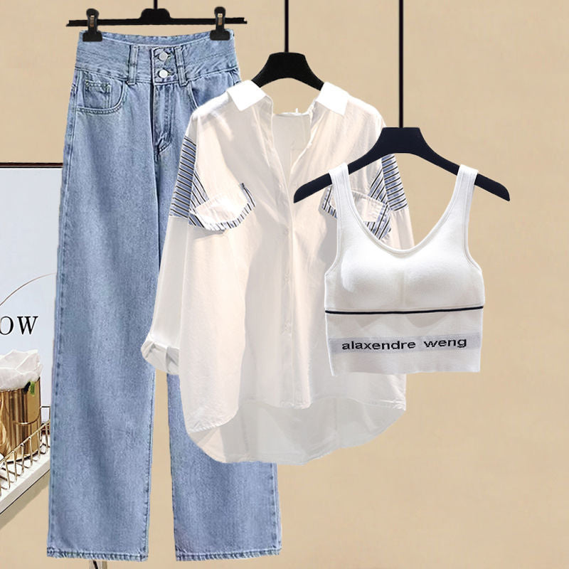 Plus Size Women's Spring Three-Piece Suit – Shirt, Suspenders & Slimming Jeans