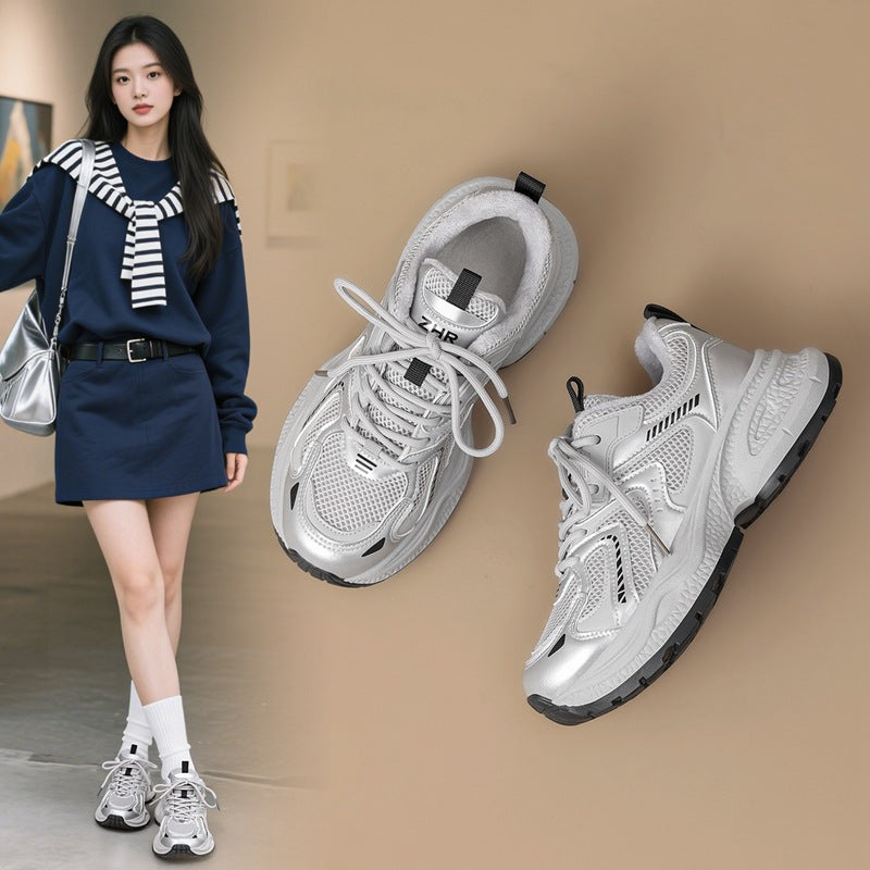 ZHR Women's Thick Sole Fleece Sneakers  Warm Height-Increasing Casual Shoes