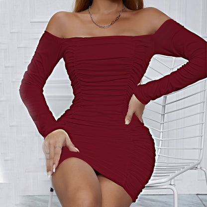 Women's Straight neck, long sleeves, pleated temperament, hip skirt, sexy wrap dress