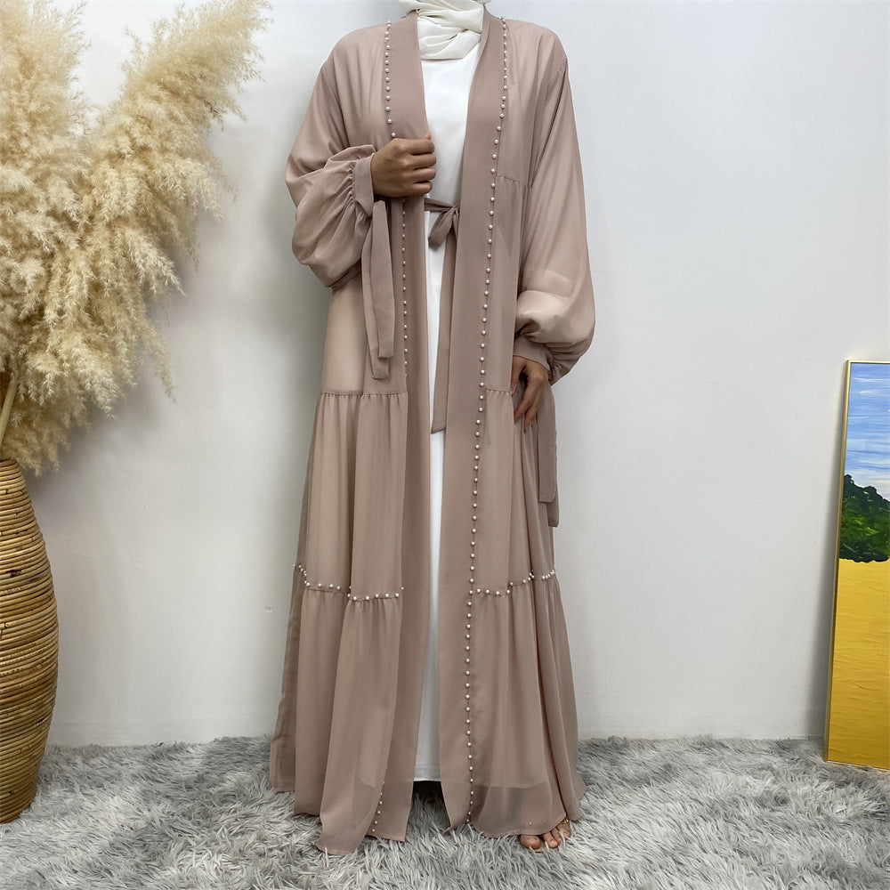 Elegant Beaded Chiffon Lace-Up Cardigan Robe