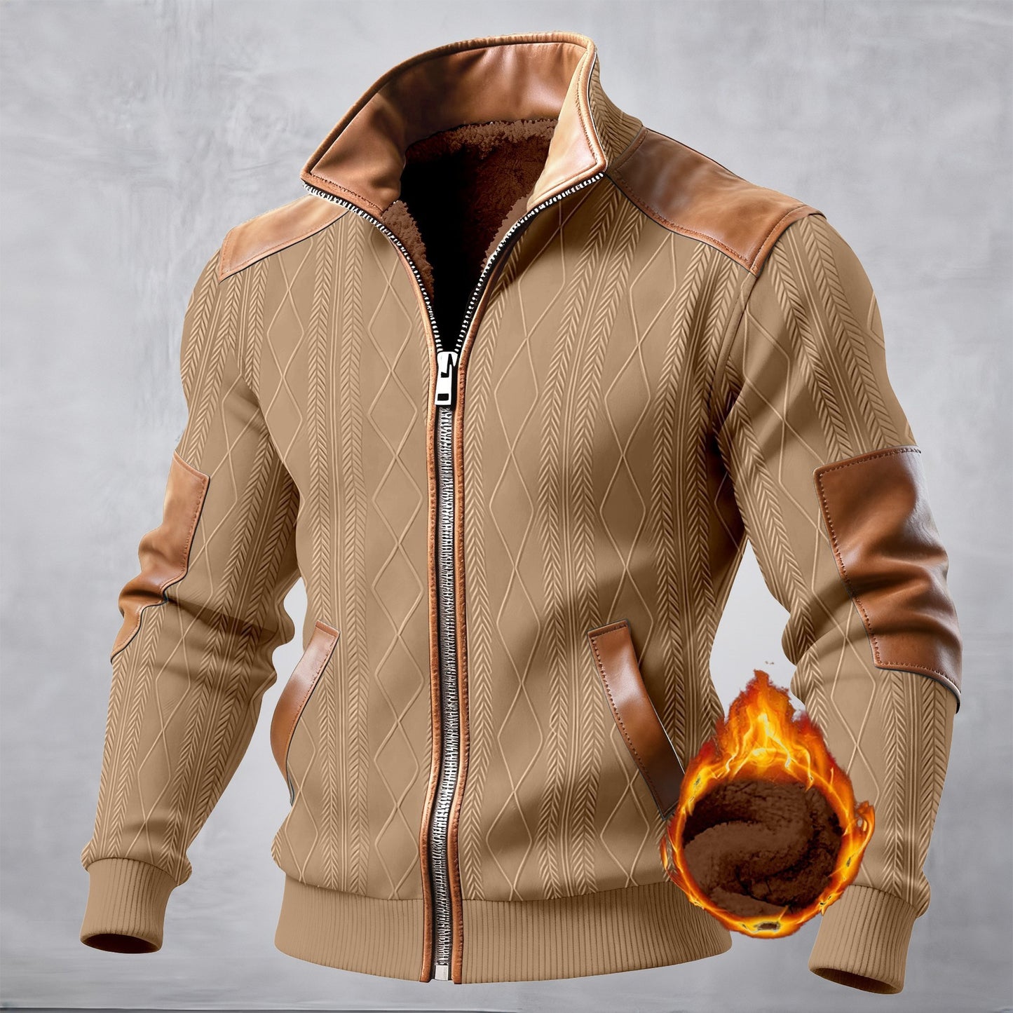 Mens Winter Jacquard Fleece Zip-Up Jacket  Casual Color Block Cardigan Coat