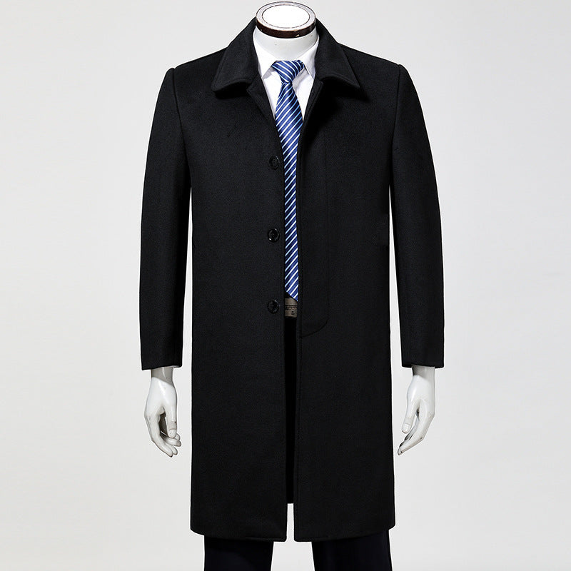 Mens Woolen Trench Coat Business Casual Long Over-Knee Jacket Autumn Winter