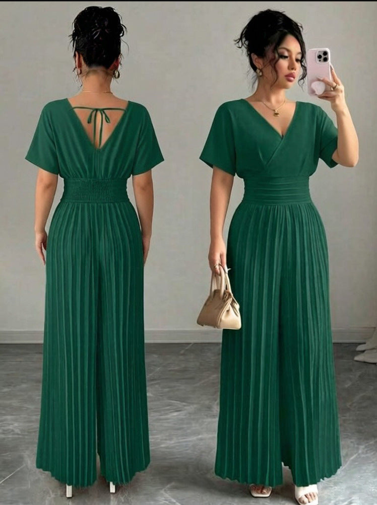 Women’s Elegant V-Neck Pleated Jumpsuit – Solid Color Waist-Cinching Short Sleeve Romper