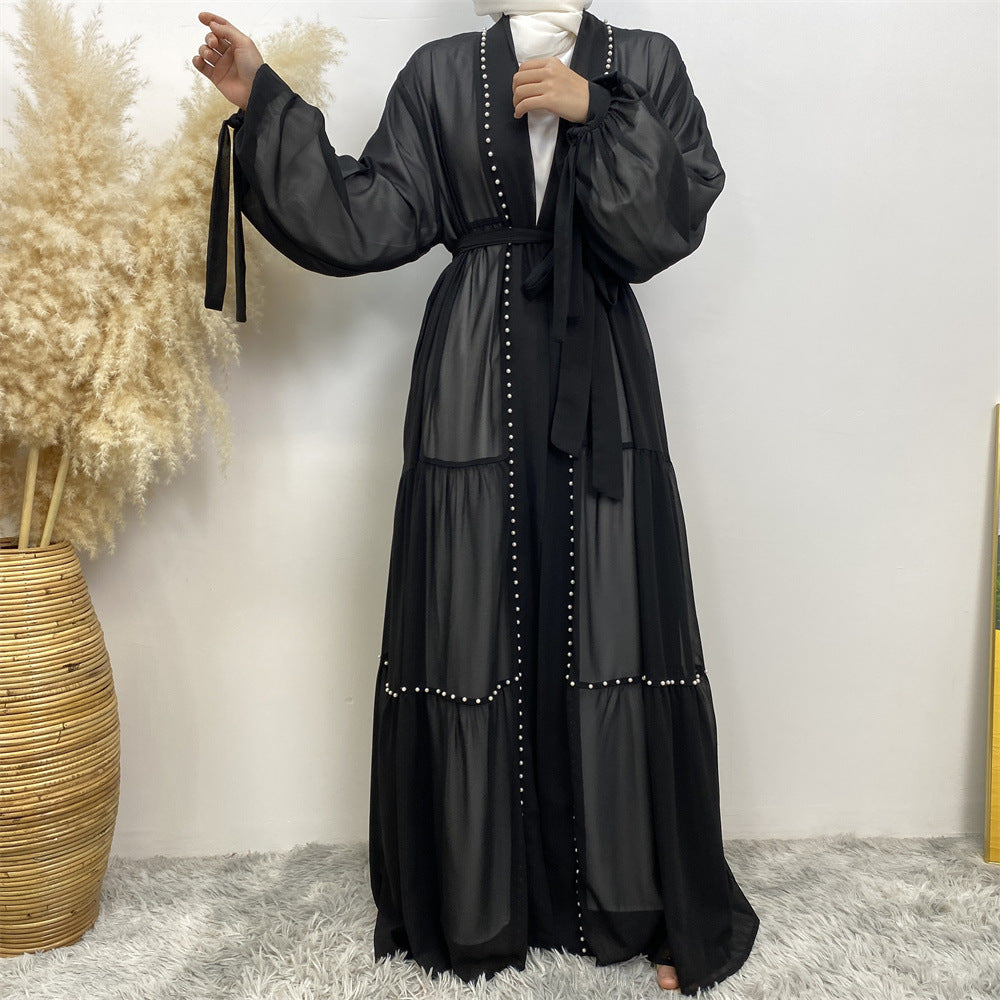 Elegant Beaded Chiffon Lace-Up Cardigan Robe