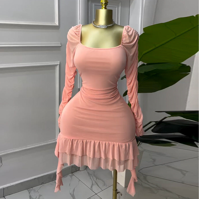 Sweet Square Neck Ruffle Hem Dress