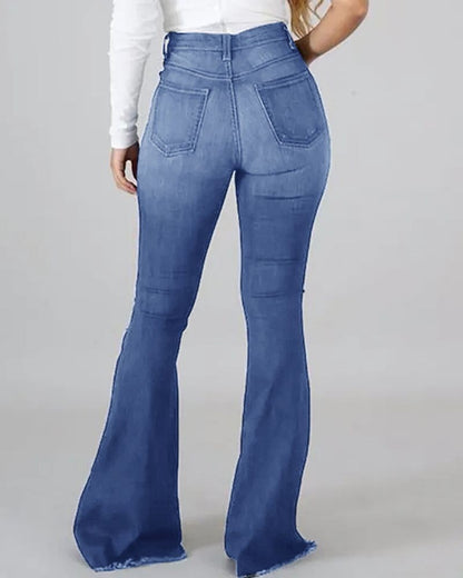 High-elastic ripped, high-waisted flared jeans