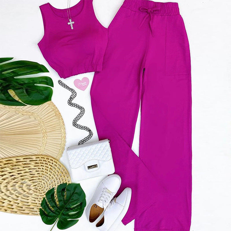 Solid color cropped vest, drawstring high-waisted straight pants, fashionable casual suit