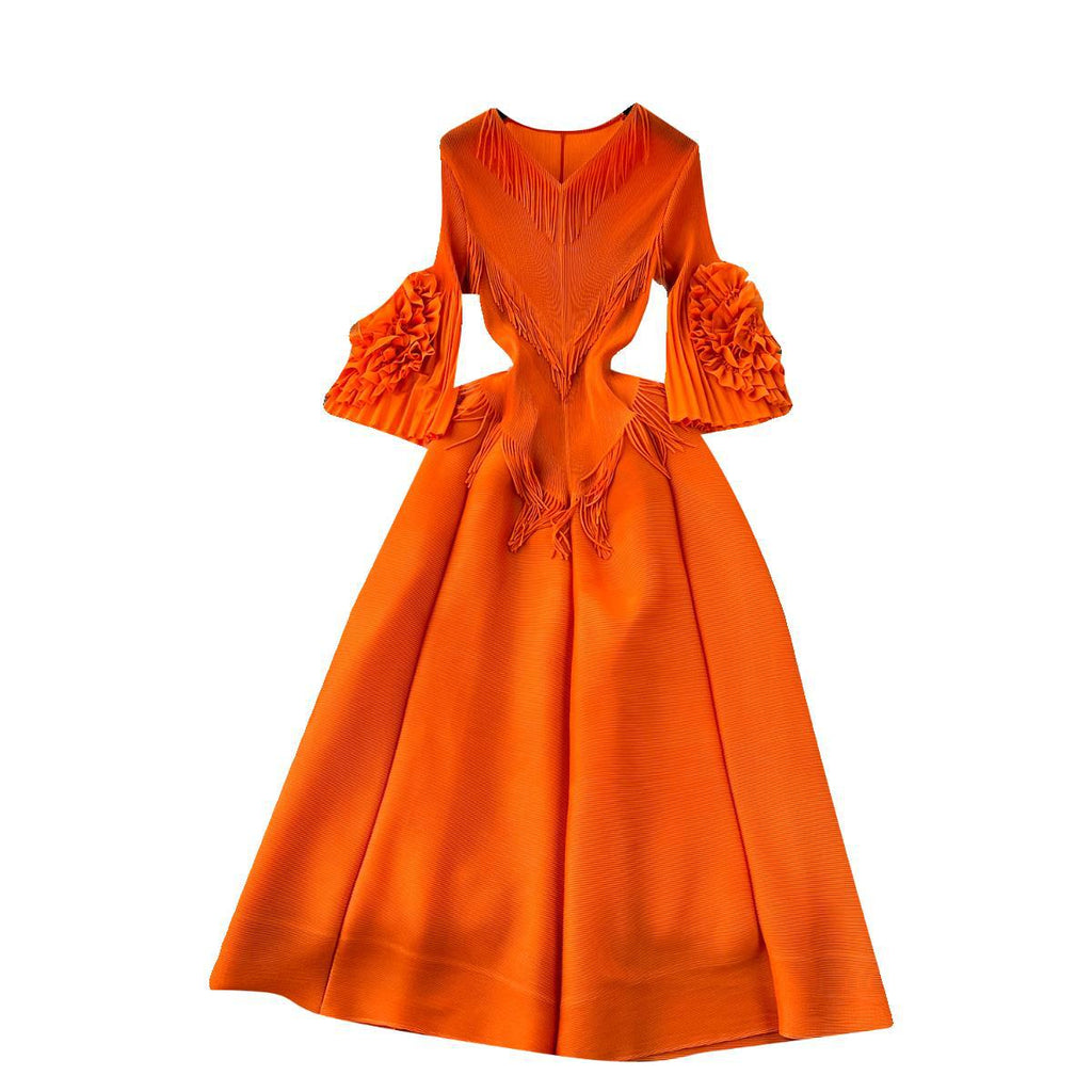 Elegant  Court-Style Tassel V-Neck Pleated Dress (On Hand)