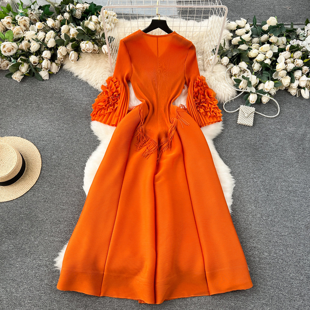 Elegant  Court-Style Tassel V-Neck Pleated Dress (On Hand)