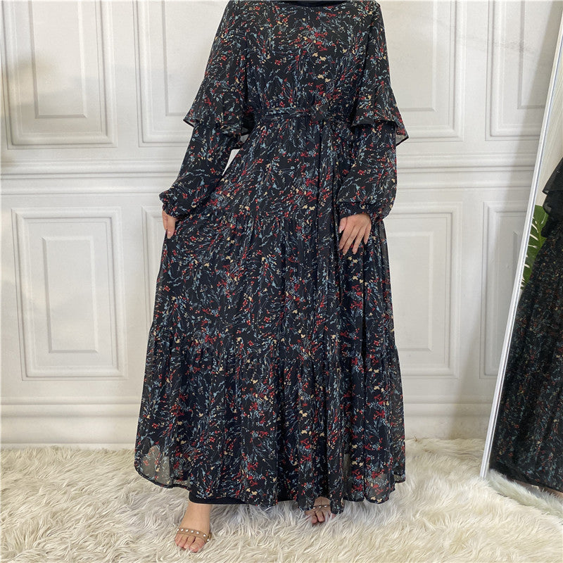 Women's Floral Chiffon Maxi Dress  Long Sleeve Elegant Swing Dress