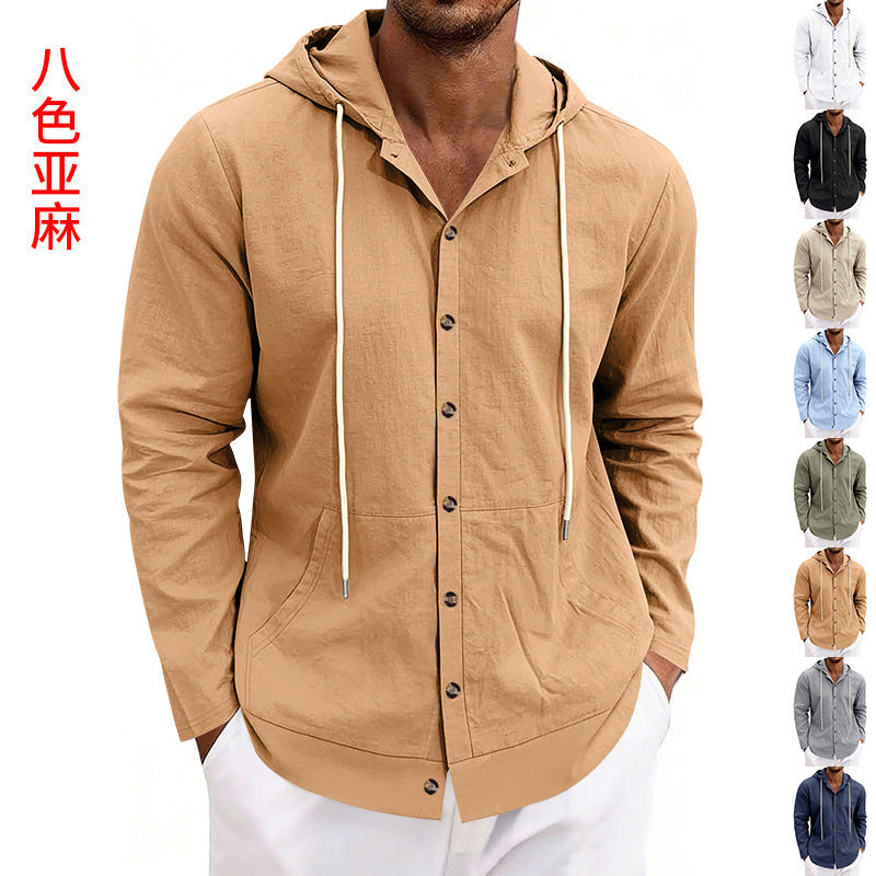 Mens Linen Hooded Beach Shirt  Casual Loose Fit Cardigan for Spring & Fall