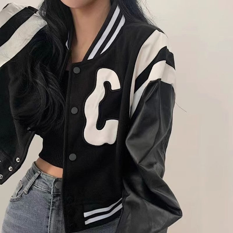 Autumn Biker-Style Baseball Jacket with Leather Sleeves