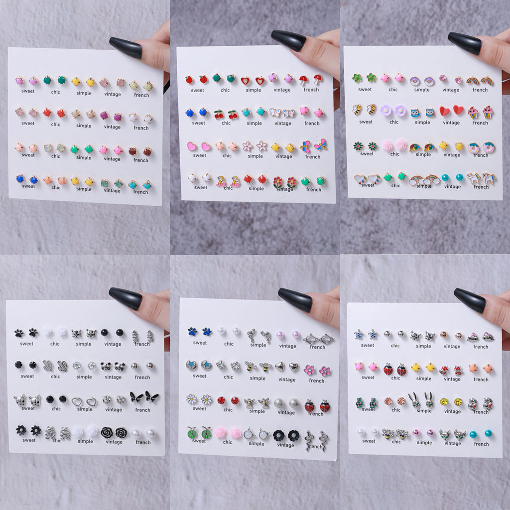 Mini Cute Colorful Diamond Animal Stud Earrings Set - Cartoon Butterfly, Flower, Cactus Designs