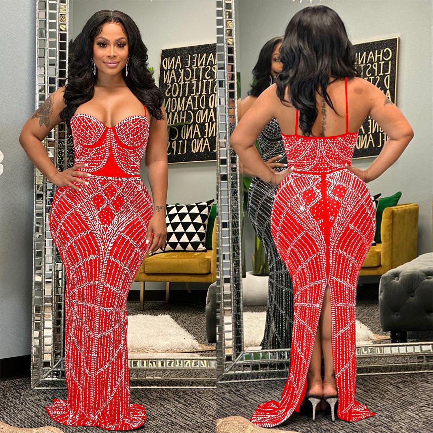 Hot diamond mesh sleeveless shoulder strap long dress