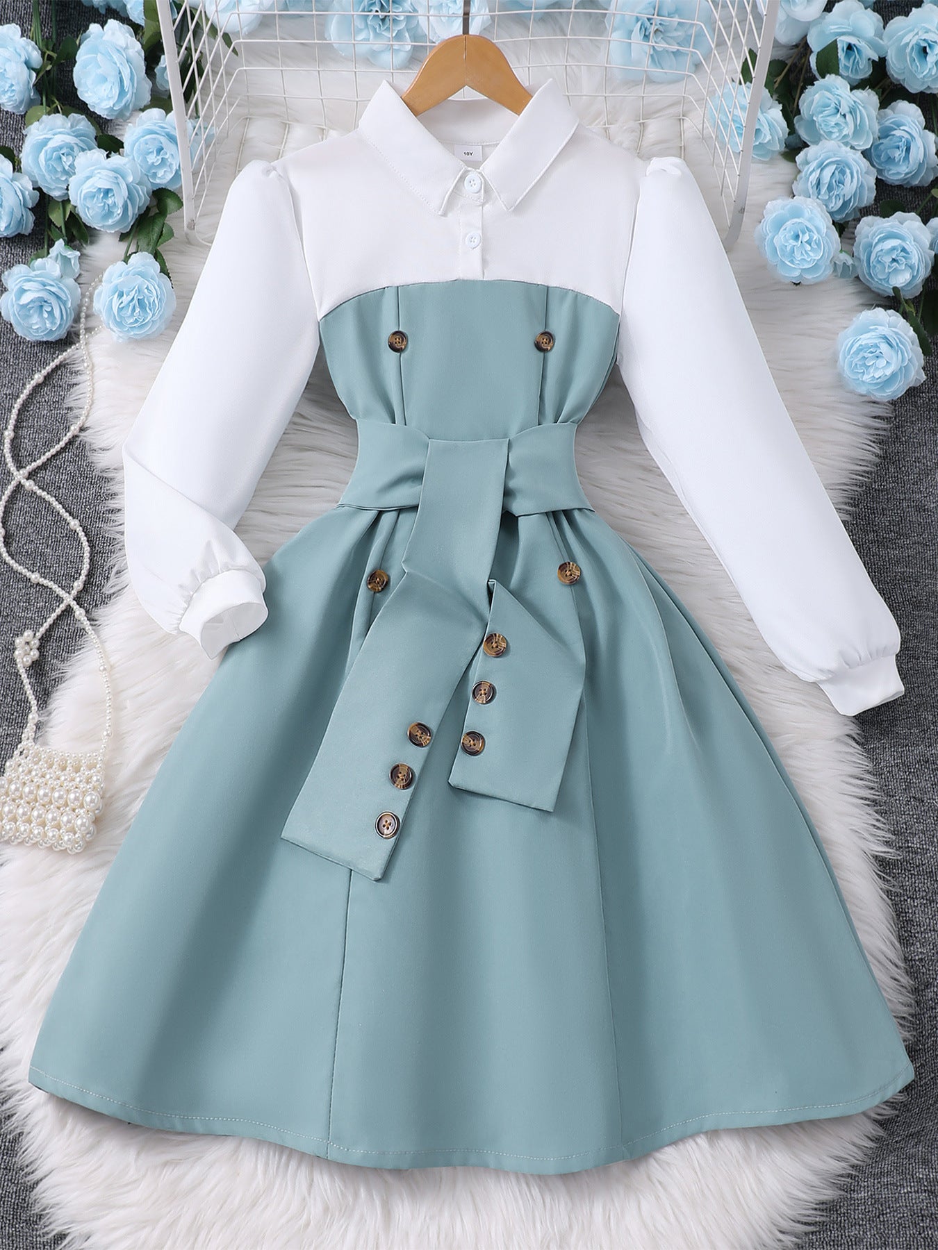 Children’s Long-Sleeve Contrast Lapel Dress