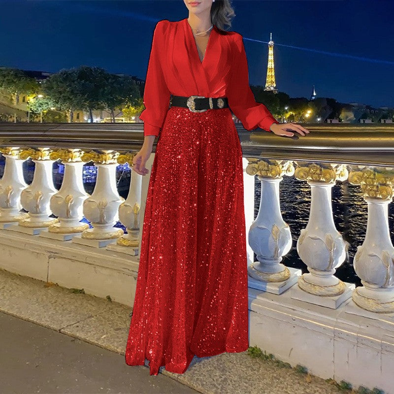 V-neck long-sleeved shirts, waist thin, sequined wide-leg pants