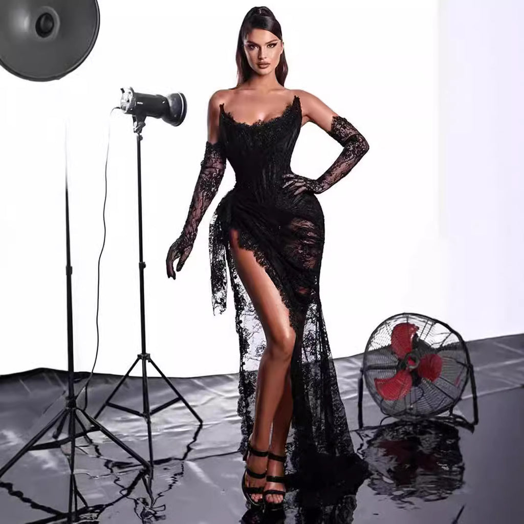 Ladies sexy U-neck sleeveless, gloves lace, buttocks slim evening dress