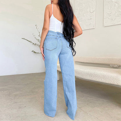 Long high-waisted ripped raw edges comfortable wide-leg pants