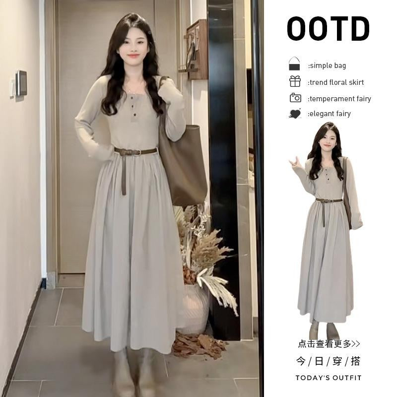 High-End French Style Long-Sleeve Dress  Autumn/Winter Elegant Square Neck Long Skirt