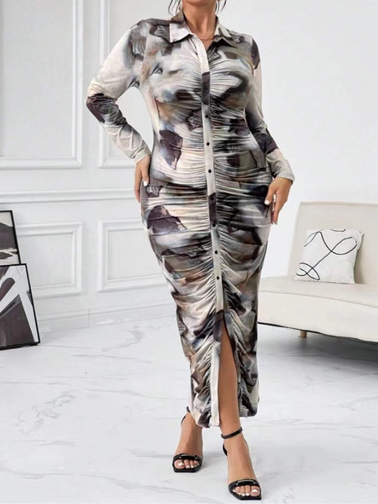 Women's Print Pleated Buttons Slim Fit Tie Dye Plus Size Dress