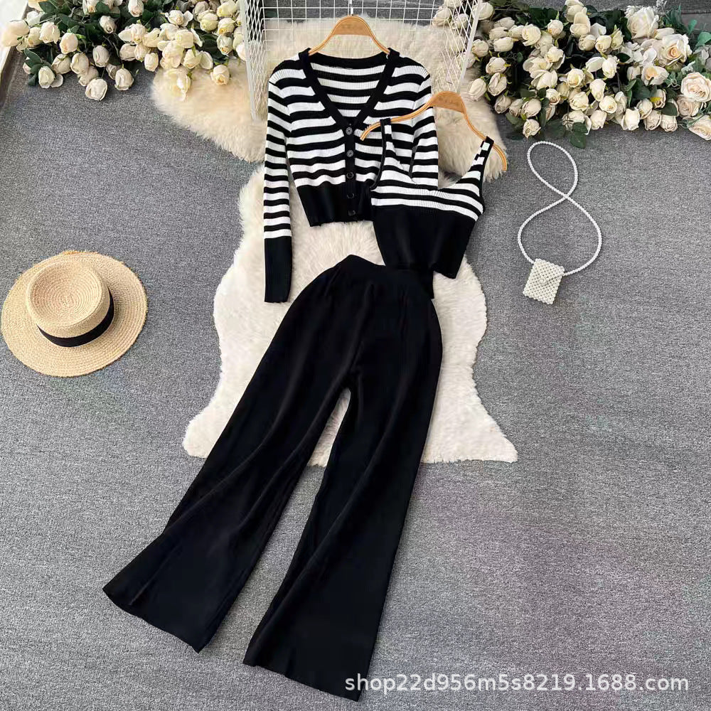 Chic Two-Piece Set: Breasted V-Neck Knitwear with Short Suspenders and Wide-Legged Pants