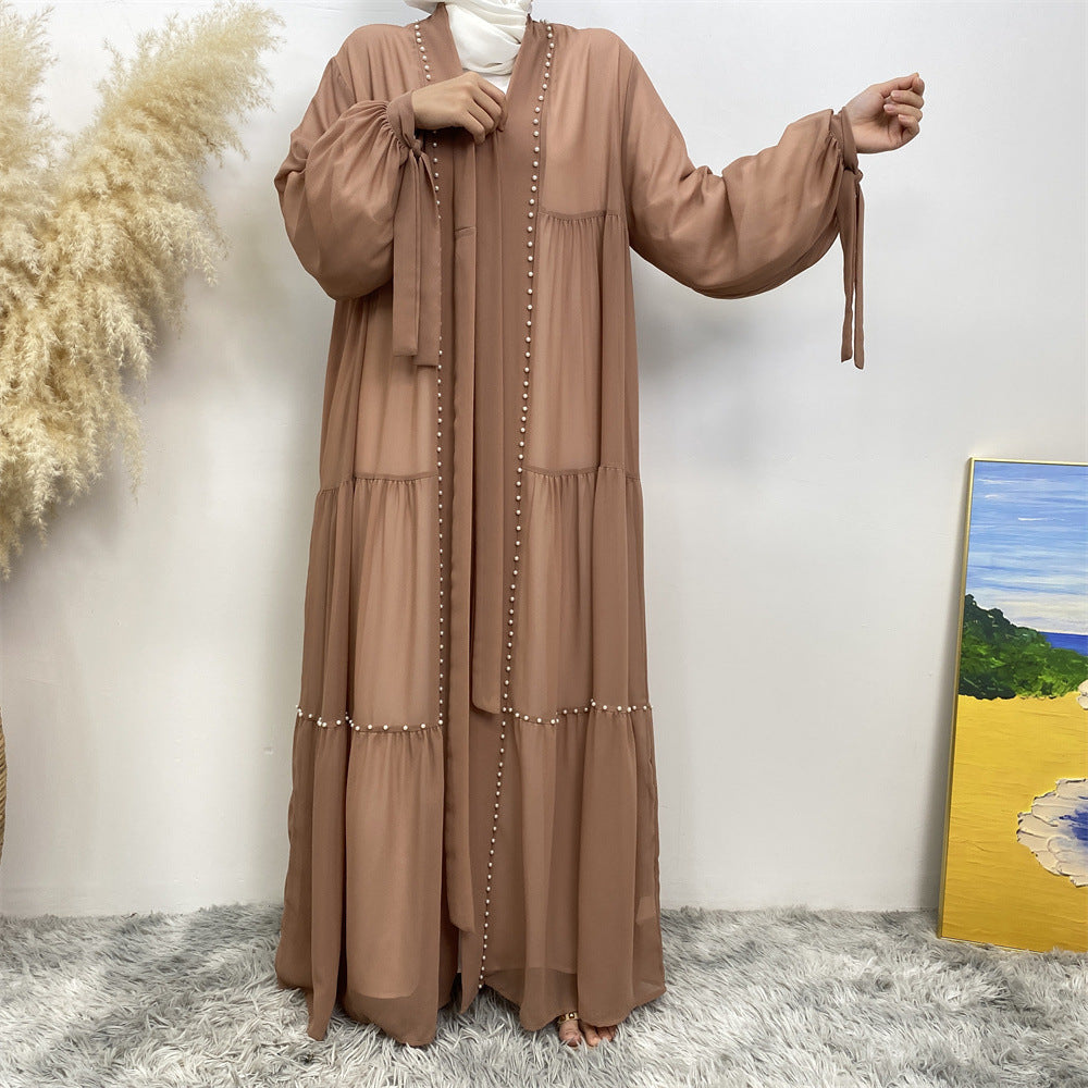 Elegant Beaded Chiffon Lace-Up Cardigan Robe