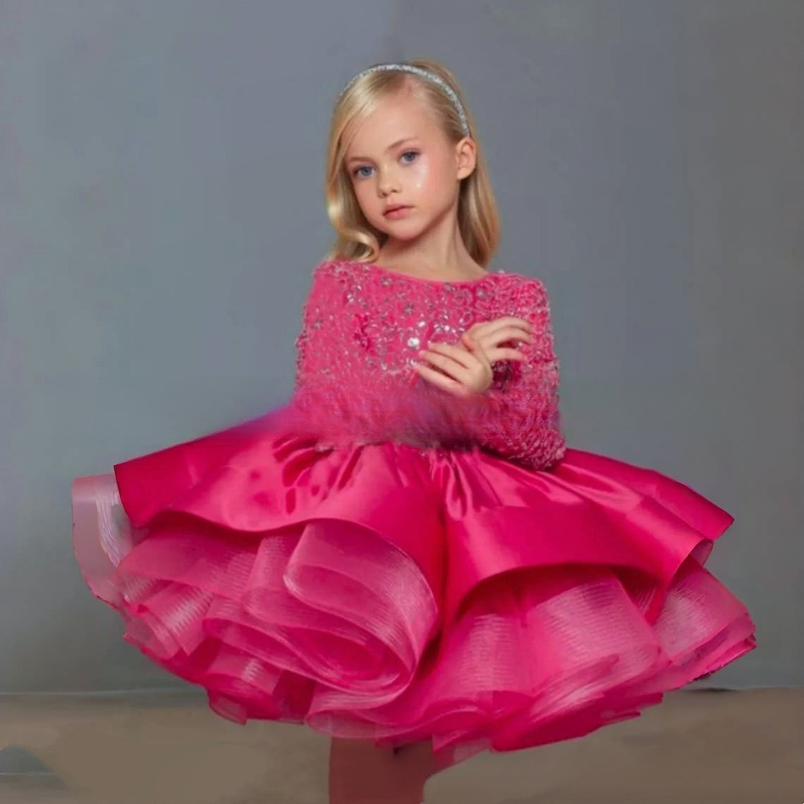 Long Sleeve Sequin & Tulle Princess Gown